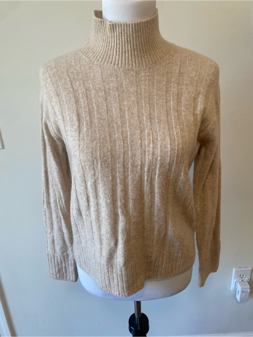 J.Crew Beige Wide-Rib Knit Mock Neck Turtleneck Sweater - Cozy Fall Basic